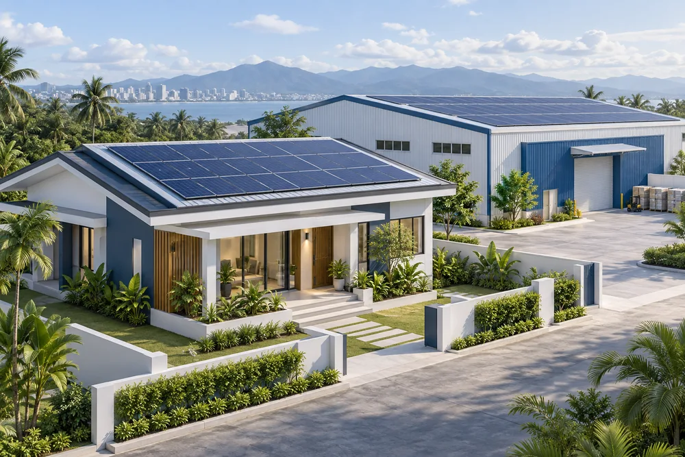 Concept illustration of rooftop solar for homes and businesses