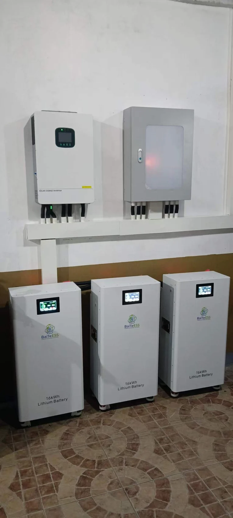 Installed inverter, electrical enclosure and three BaiTeESS battery units