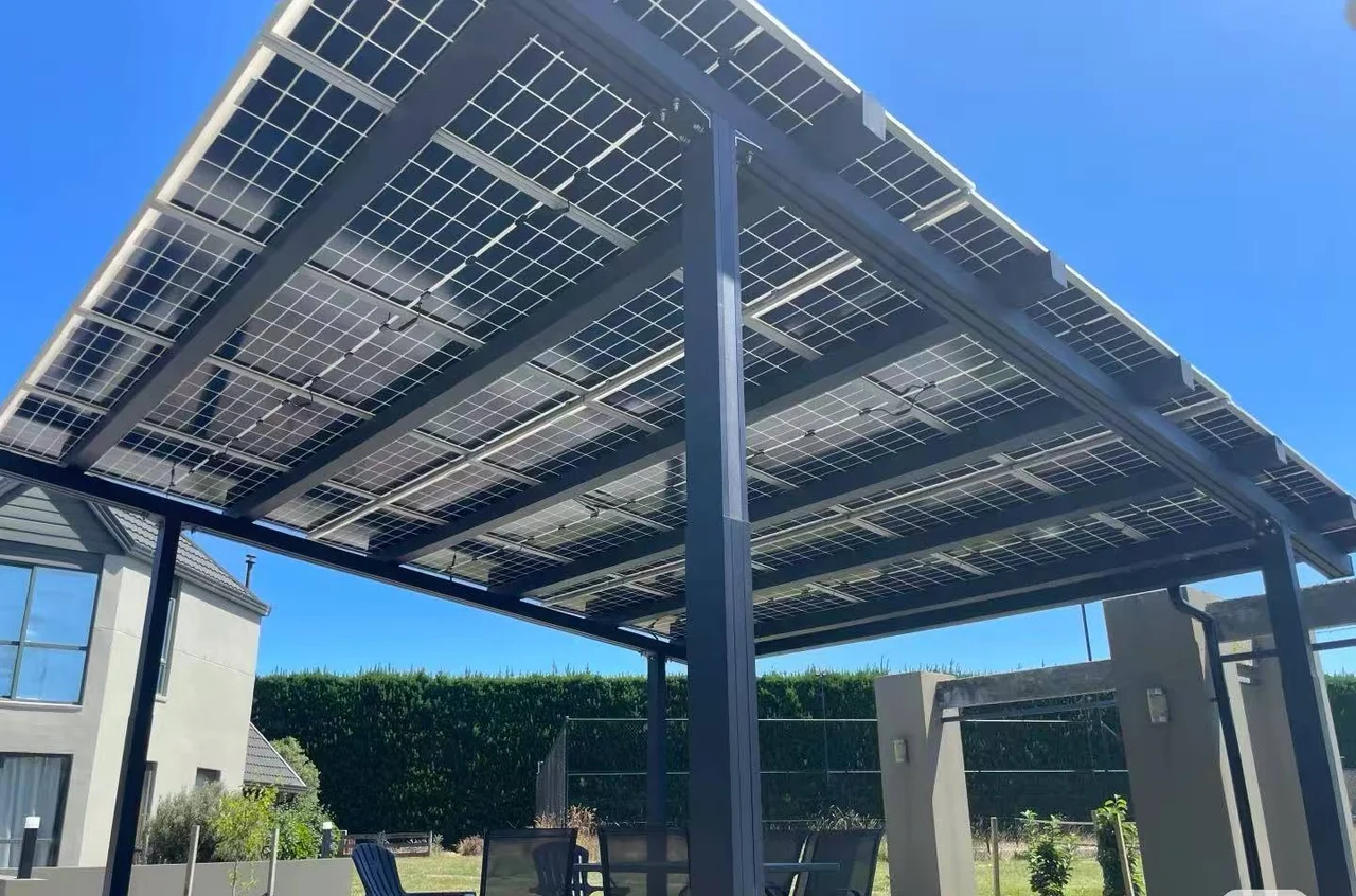Completed solar canopy with panels and steel support structure