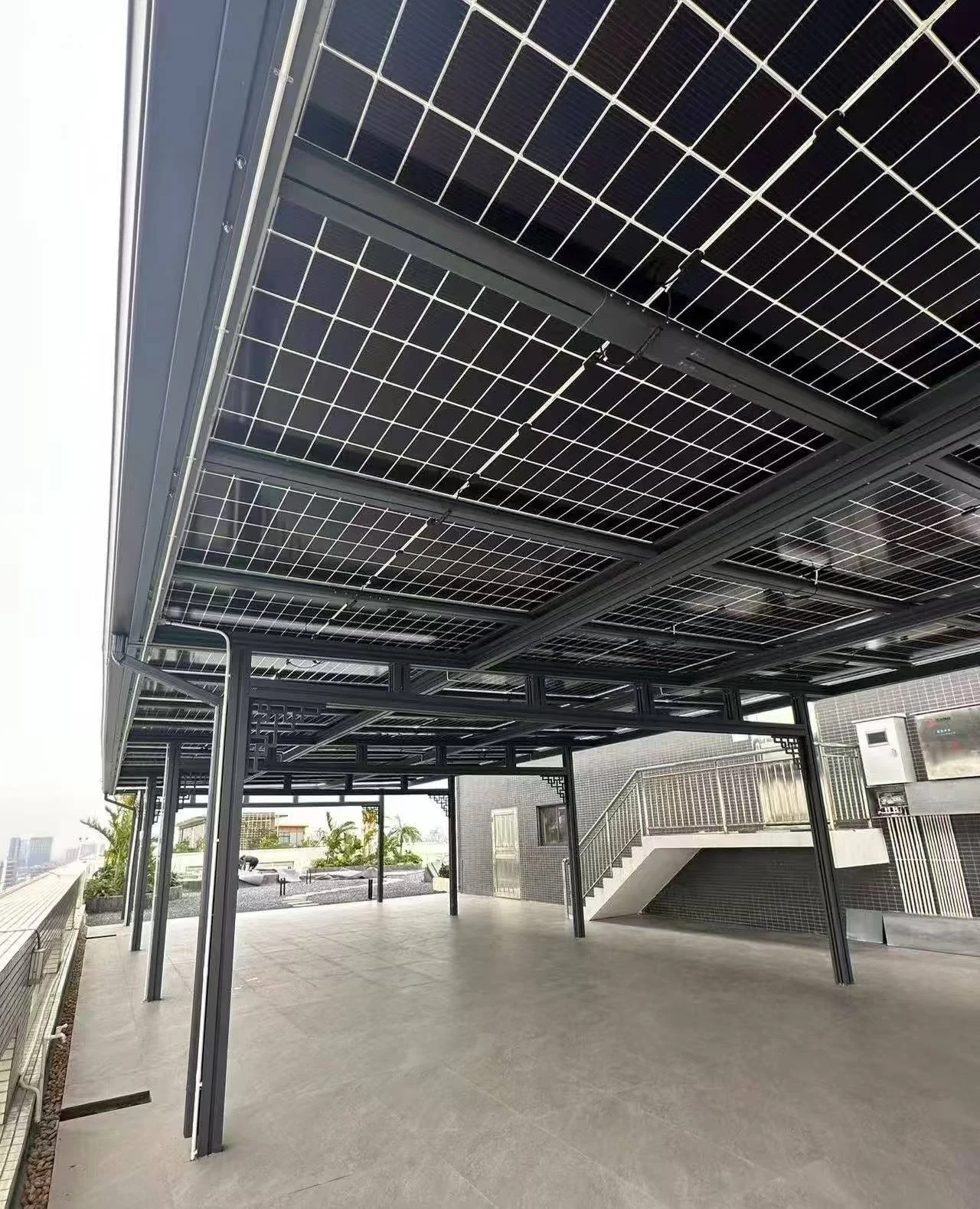 Solar canopy underside showing the installed panel array and support framing